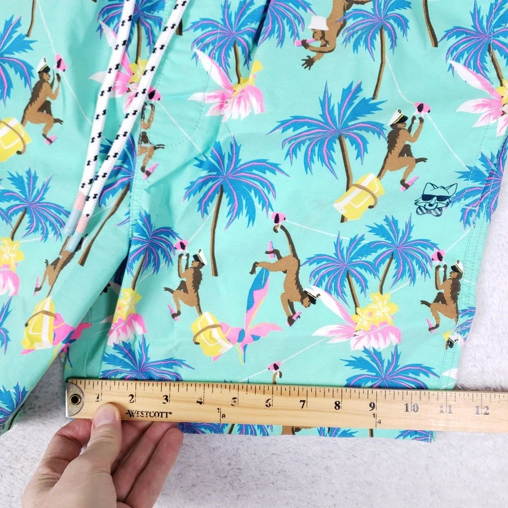 Party Pants Swim Trunks Mens M Aqua Tropical Monkey Palm Tree Beach Party Shorts - Picture 8 of 16